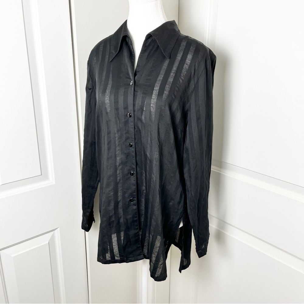 Current Sheer Boho Chic Striped Button Down Long Sleeved Blouse - Black, Size 12